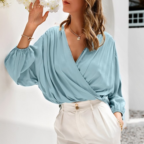 Bellanblue Tops - Dusty blue Satin silky lantern sleeve surplice Top